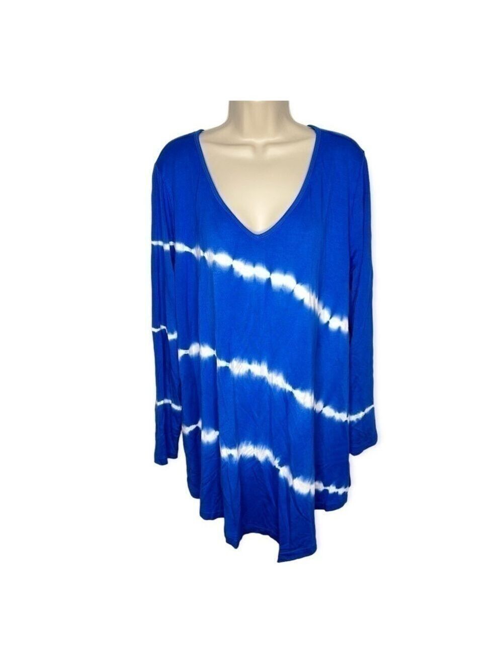 Fever Long Sleeve V-Neck Asymmetrical Hem Tie Dye Top Size 1X